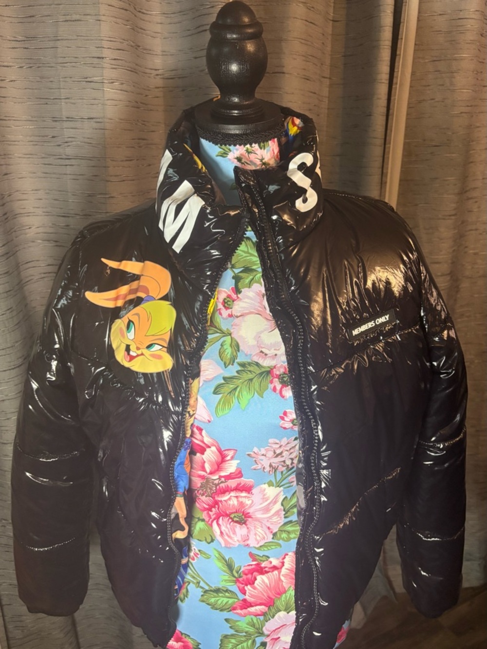 Members Only Shiny Black Puffer Jacket with Cartoon Bunny Patch